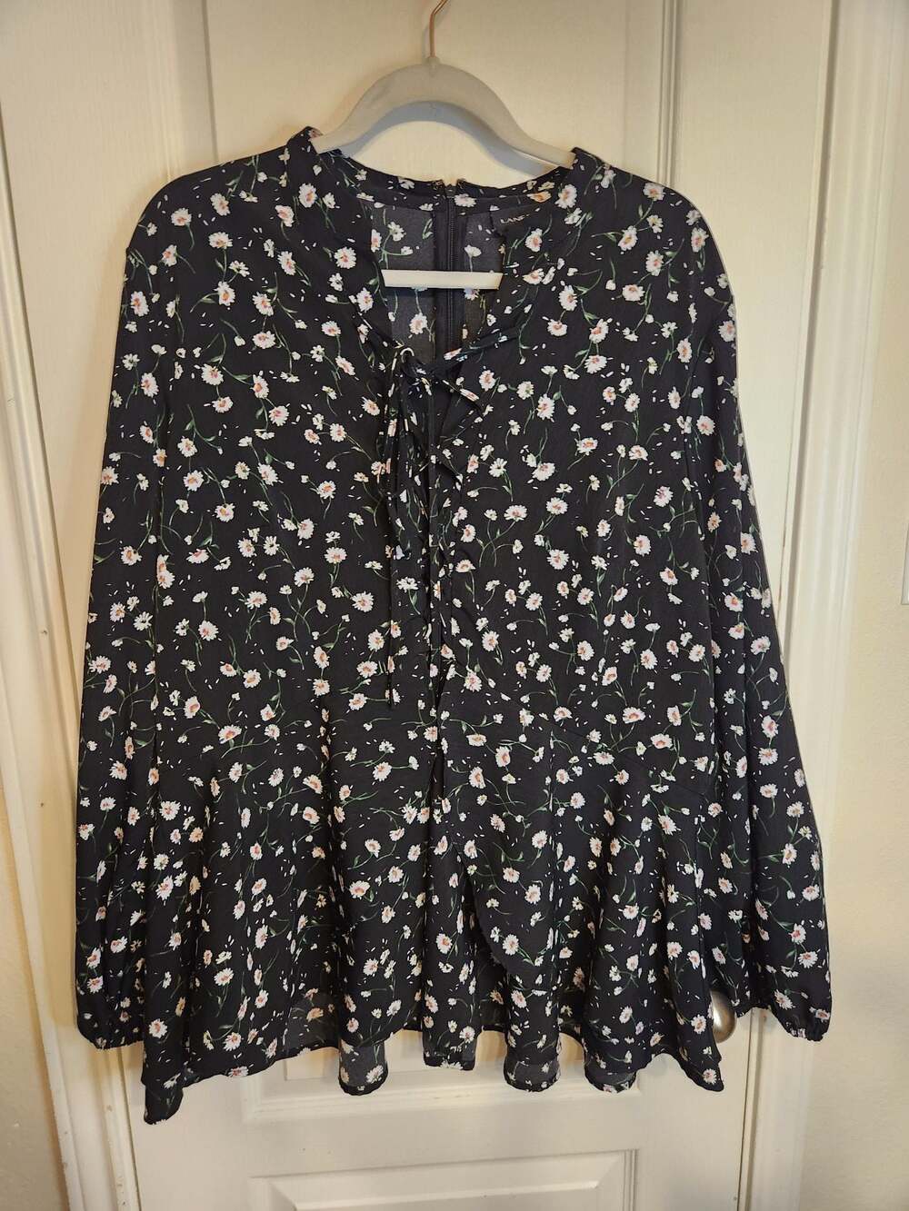 Lane Bryant Black Floral Print Long Sleeve Lace-Up Peplum Blouse